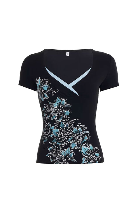 2000s Y2K Floral Print Teal/Black Contrast V-Neck Short Sleeve Top