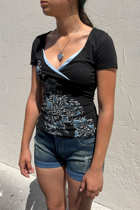 2000s Y2K Floral Print Teal/Black Contrast V-Neck Short Sleeve Top