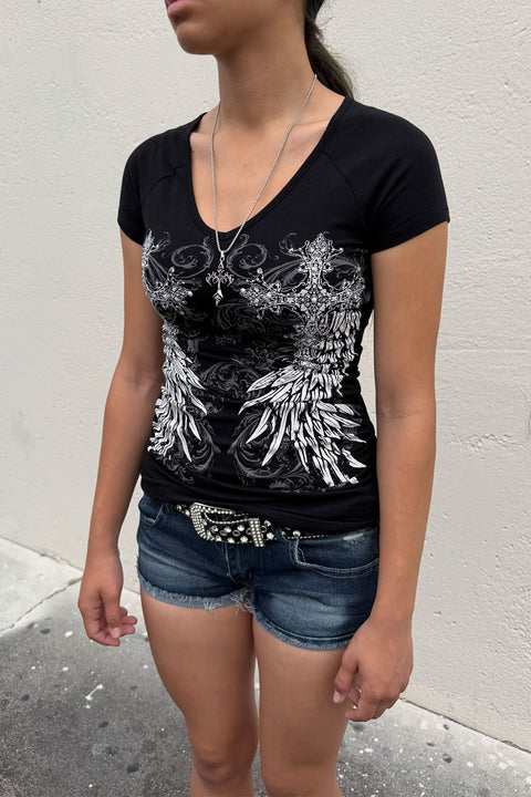 Y2K McBling Wing & Cross Rhinestone Print V-Neck Short Sleeve Side Shirred Biker Top