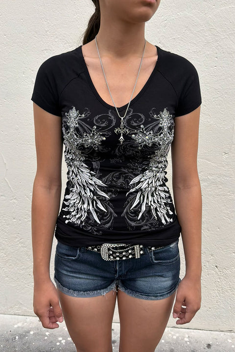 Y2K McBling Wing & Cross Rhinestone Print V-Neck Short Sleeve Side Shirred Biker Top