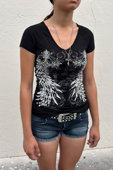 Y2K McBling Wing & Cross Rhinestone Print V-Neck Short Sleeve Side Shirred Biker Top