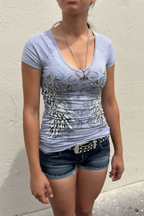 Y2K McBling Wing & Cross Rhinestone Print V-Neck Short Sleeve Side Shirred Biker Top