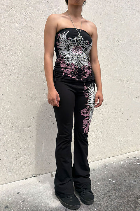 Y2K McBling Soft Pink Rose & Wing Graphic Rhinestone Print Fold-Over Flare Pants