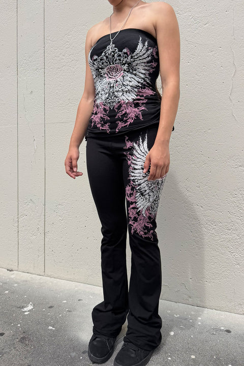 Y2K McBling Soft Pink Rose & Wing Graphic Rhinestone Print Fold-Over Flare Pants