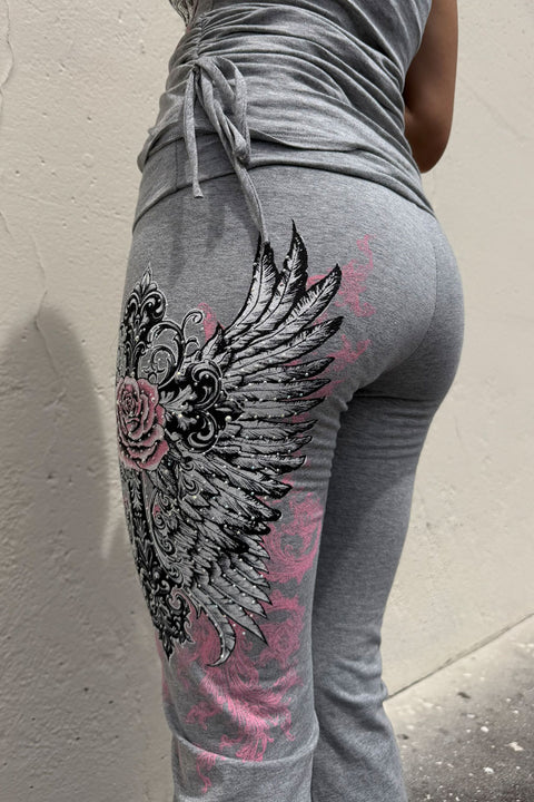 Y2K McBling Soft Pink Rose & Wing Graphic Rhinestone Print Fold-Over Flare Pants