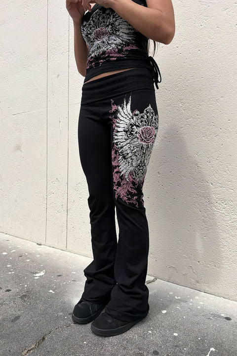 Y2K McBling Soft Pink Rose & Wing Graphic Rhinestone Print Fold-Over Flare Pants