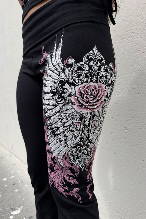Y2K McBling Soft Pink Rose & Wing Graphic Rhinestone Print Fold-Over Flare Pants