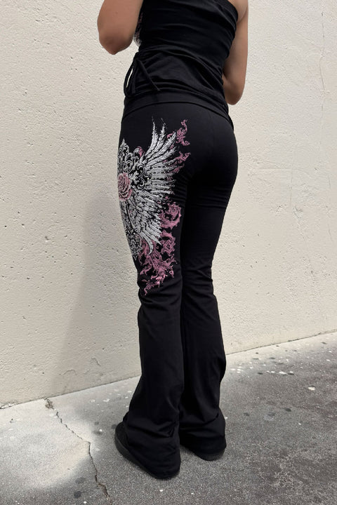 Y2K McBling Soft Pink Rose & Wing Graphic Rhinestone Print Fold-Over Flare Pants