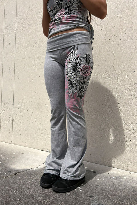 Y2K McBling Soft Pink Rose & Wing Graphic Rhinestone Print Fold-Over Flare Pants