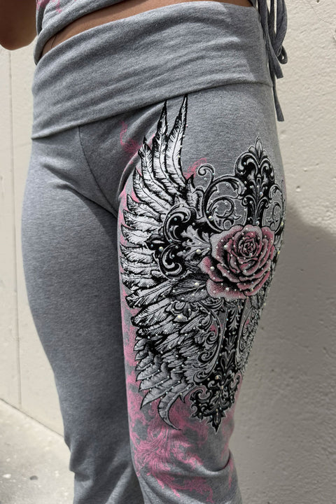 Y2K McBling Soft Pink Rose & Wing Graphic Rhinestone Print Fold-Over Flare Pants