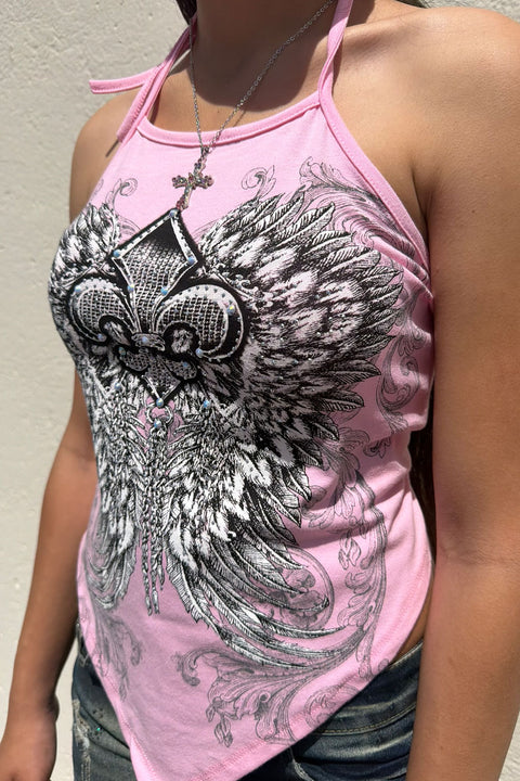 Y2K McBling Fleur De Lis RhineStone Print Halter Tie Neck Top