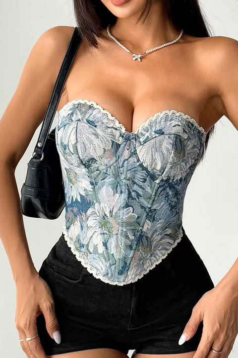 Vintage Pastel Floral Print Lace Edge Tube Corset Bustier Top with Adjustable Back Tie