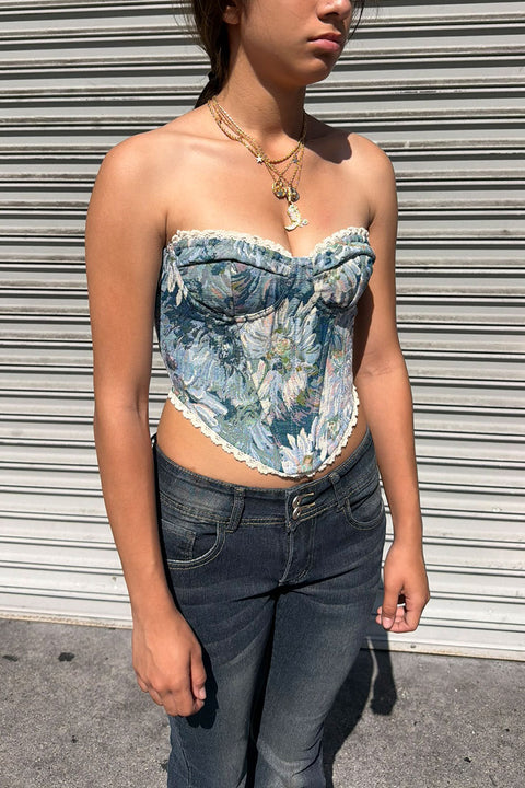 Vintage Pastel Floral Print Lace Edge Tube Corset Bustier Top with Adjustable Back Tie