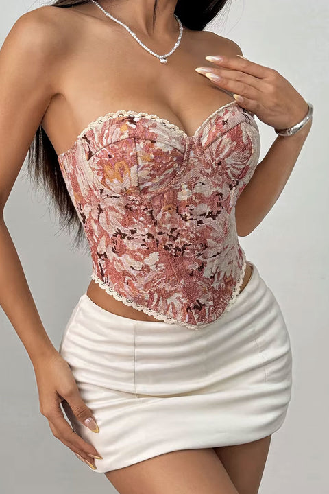Vintage Pastel Floral Print Lace Edge Tube Corset Bustier Top with Adjustable Back Tie