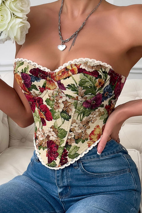 Vintage Vibrant Floral Print Lace Edge Tube Corset Bustier Top with Adjustable Back Tie