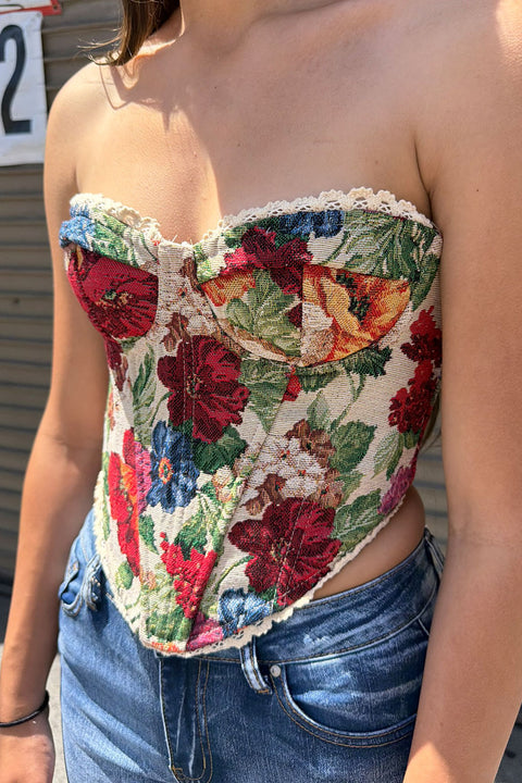 Vintage Vibrant Floral Print Lace Edge Tube Corset Bustier Top with Adjustable Back Tie
