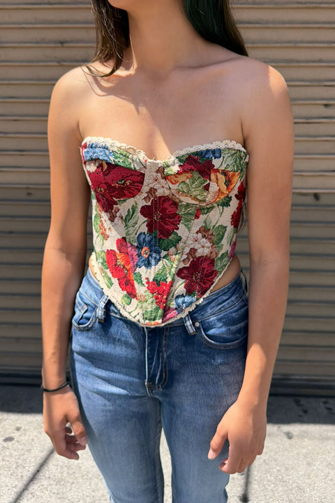 Vintage Vibrant Floral Print Lace Edge Tube Corset Bustier Top with Adjustable Back Tie