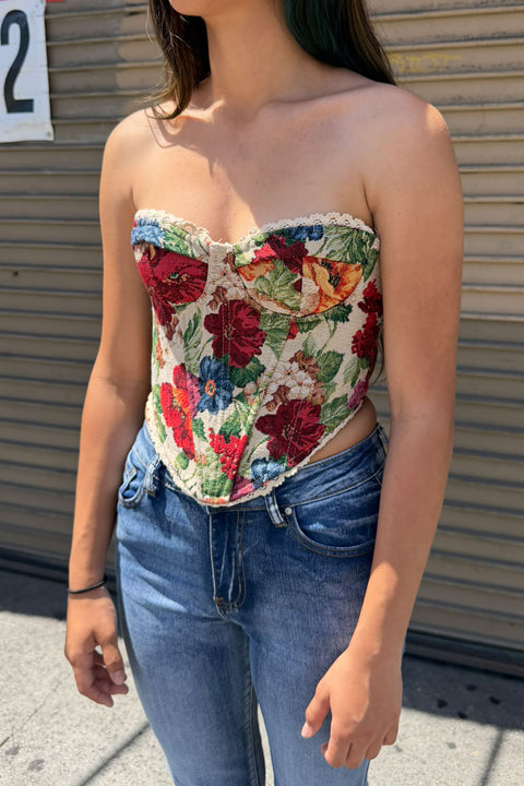 Vintage Vibrant Floral Print Lace Edge Tube Corset Bustier Top with Adjustable Back Tie