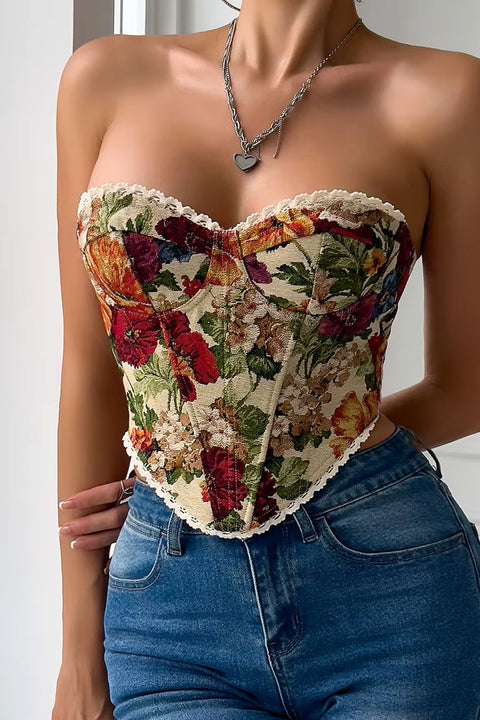 Vintage Vibrant Floral Print Lace Edge Tube Corset Bustier Top with Adjustable Back Tie