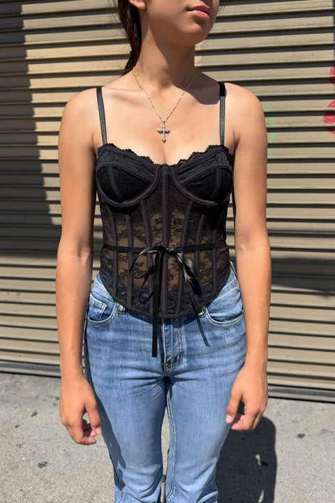 Romantic Goth Floral Lace Cami Corset Bustier Top with Waist Tie