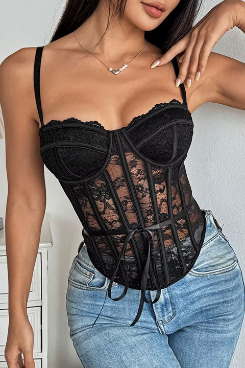 Romantic Goth Floral Lace Cami Corset Bustier Top with Waist Tie