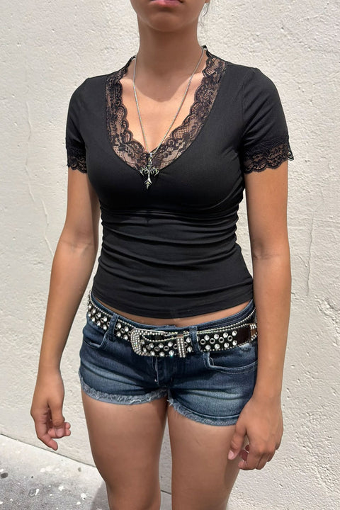 Y2K Lace Trimmed V-Neck Short Sleeve Knit Top