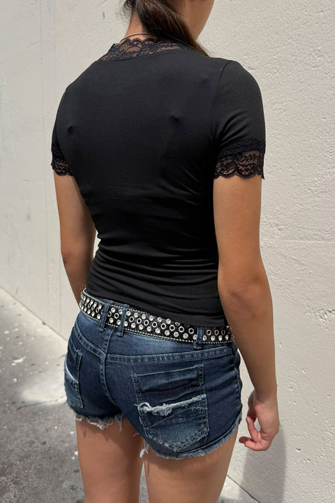 Y2K Lace Trimmed V-Neck Short Sleeve Knit Top