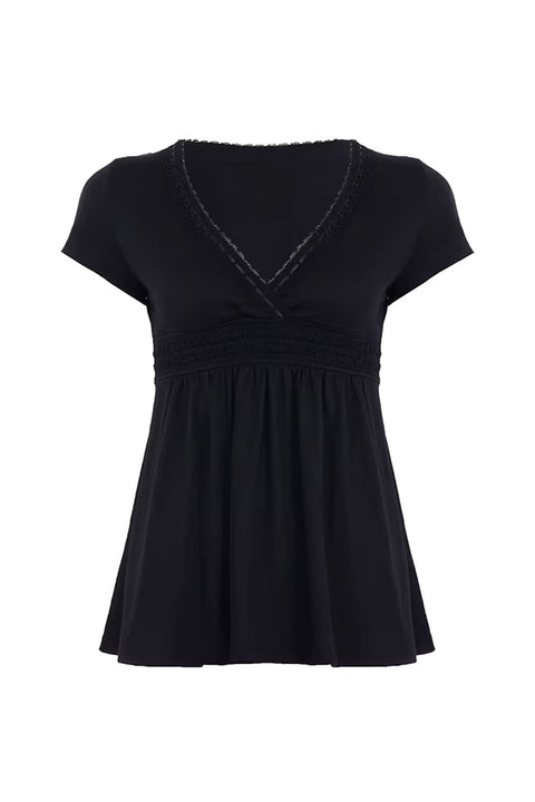 2000s Romantic Gothic Style V-Neck Surplice Baby Doll Short Sleeve Top with Ribbon Stitch Detail