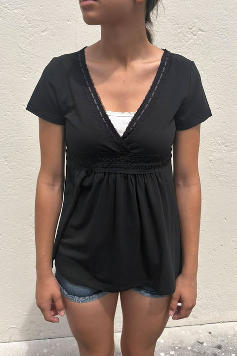 2000s Romantic Gothic Style V-Neck Surplice Baby Doll Short Sleeve Top with Ribbon Stitch Detail