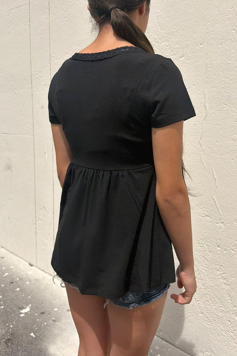 2000s Romantic Gothic Style V-Neck Surplice Baby Doll Short Sleeve Top with Ribbon Stitch Detail