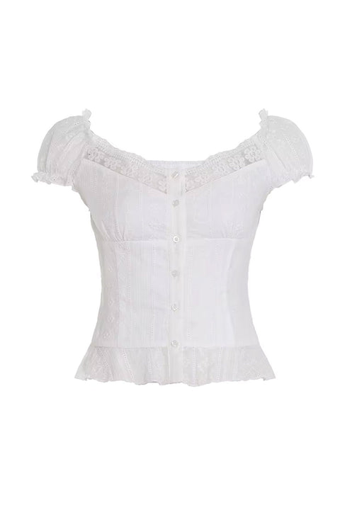 2000s Romantic Chic Lace Trim Puff Short Sleeve Button-Up Eyelet Blouse Shirt