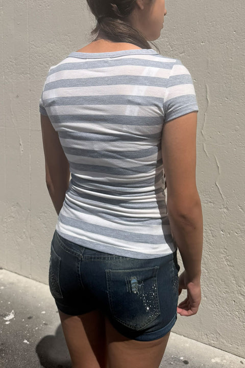 2000s Y2K Grunge Style Stripped Scoop Neck Short Sleeve Top
