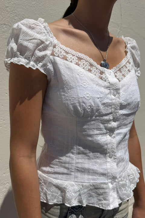 2000s Romantic Chic Lace Trim Puff Short Sleeve Button-Up Eyelet Blouse Shirt