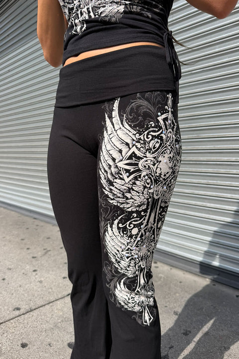Y2K McBling Three Wing Rhinestone Print Fold-Over Flare Pants