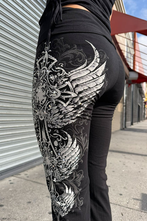 Y2K McBling Three Wing Rhinestone Print Fold-Over Flare Pants