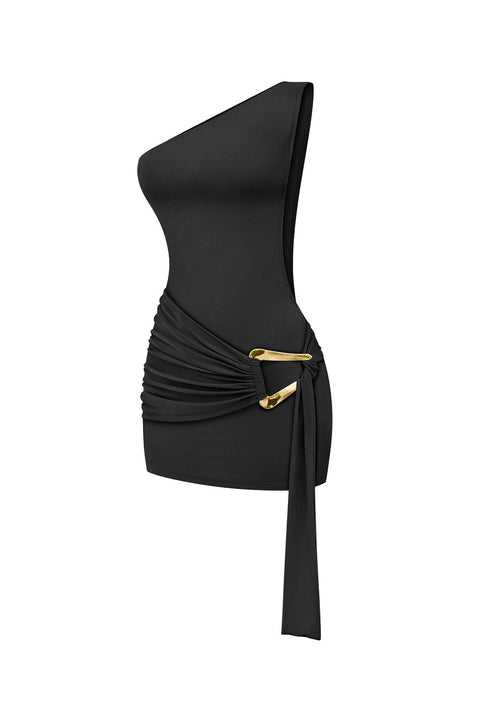 Tresser™ One Shoulder Drape Metal Buckle Sash Belt Open Back Bodycon Dress