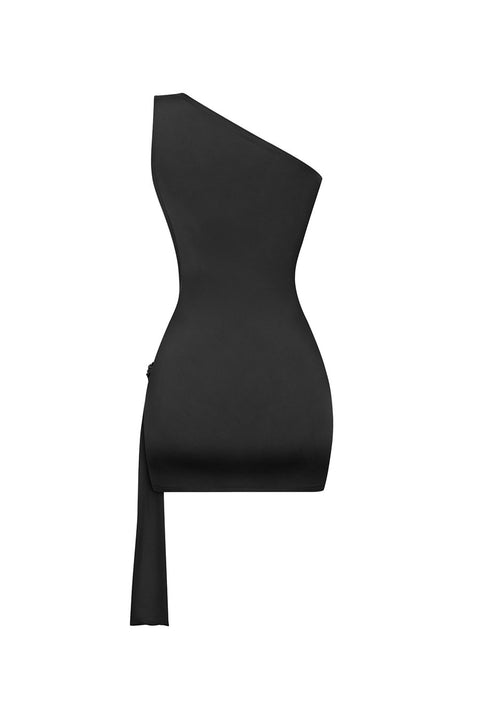 Tresser™ One Shoulder Drape Metal Buckle Sash Belt Open Back Bodycon Dress