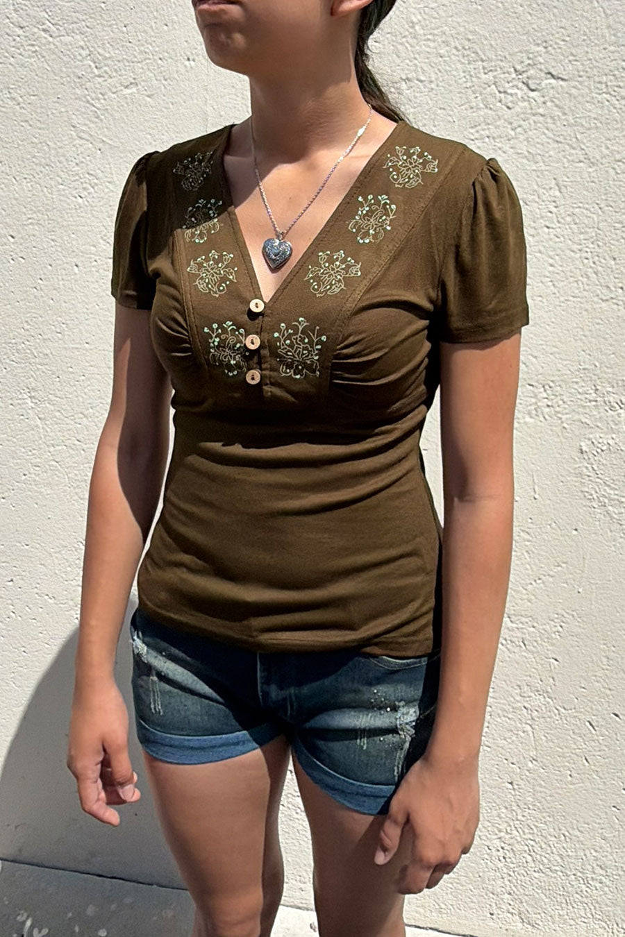 Hyperbees Tops 2000s Vintage Flower Print Decorated Short Sleeve Henley V-Neck Top ...