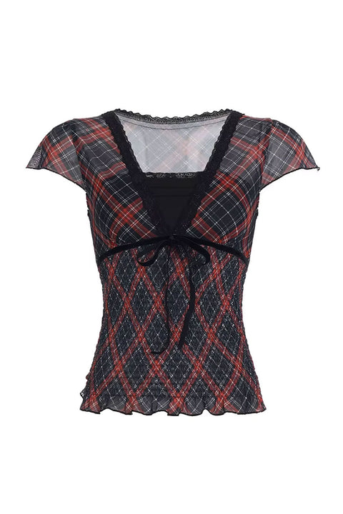 Romantic Goth Y2K Grunge Checkered Plaid Mesh Printed V-Neck Short Sleeve Top