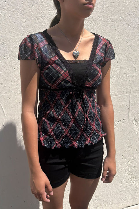 Romantic Goth Y2K Grunge Checkered Plaid Mesh Printed V-Neck Short Sleeve Top