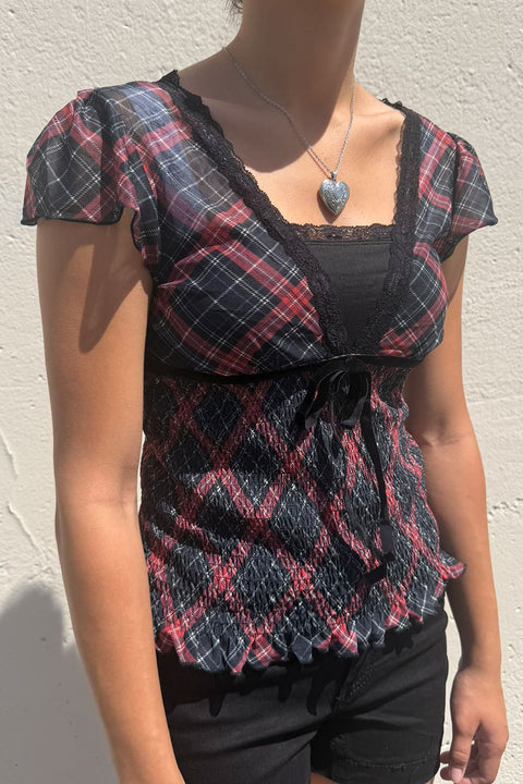 Romantic Goth Y2K Grunge Checkered Plaid Mesh Printed V-Neck Short Sleeve Top