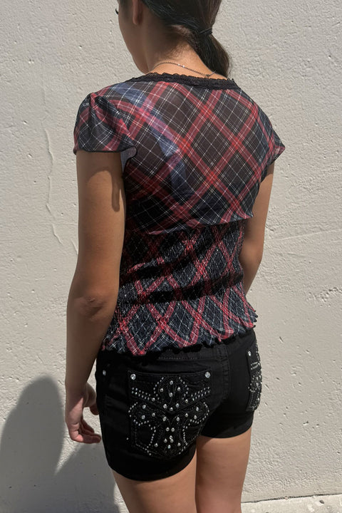 Romantic Goth Y2K Grunge Checkered Plaid Mesh Printed V-Neck Short Sleeve Top