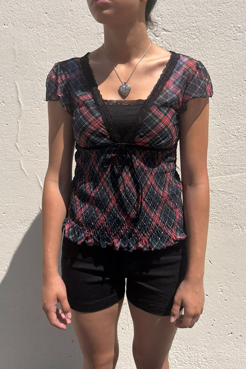 Romantic Goth Y2K Grunge Checkered Plaid Mesh Printed V-Neck Short Sleeve Top