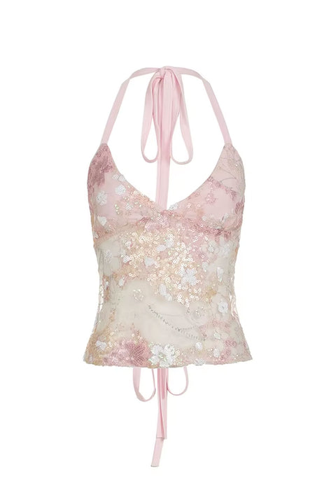 2000s Vintage Floral Sequin Halter Neck Open Back Tie Tank Top