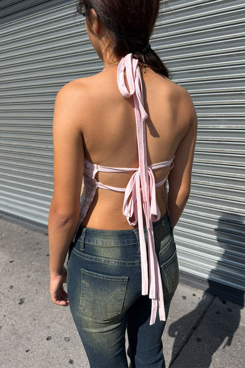 2000s Vintage Floral Sequin Halter Neck Open Back Tie Tank Top