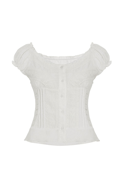 2000s Soft Girl Lace Trim Puff Short Sleeve Button-Up Eyelet Blouse Shirt