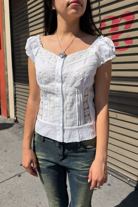 2000s Soft Girl Lace Trim Puff Short Sleeve Button-Up Eyelet Blouse Shirt