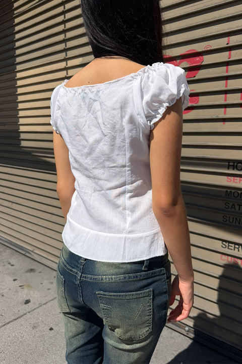 2000s Soft Girl Lace Trim Puff Short Sleeve Button-Up Eyelet Blouse Shirt