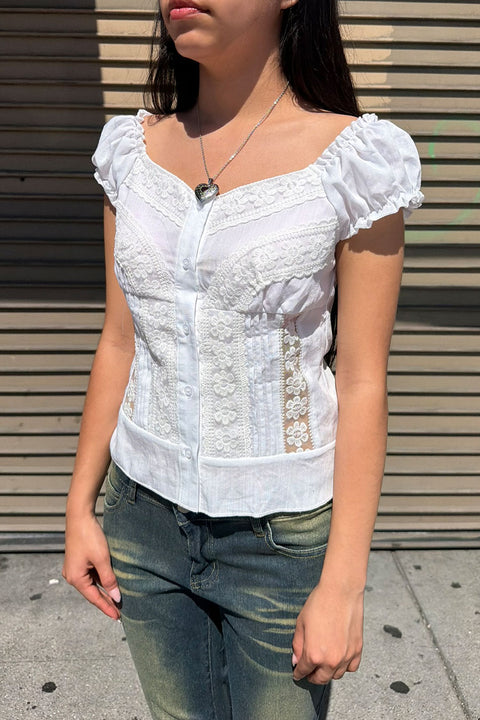 2000s Soft Girl Lace Trim Puff Short Sleeve Button-Up Eyelet Blouse Shirt