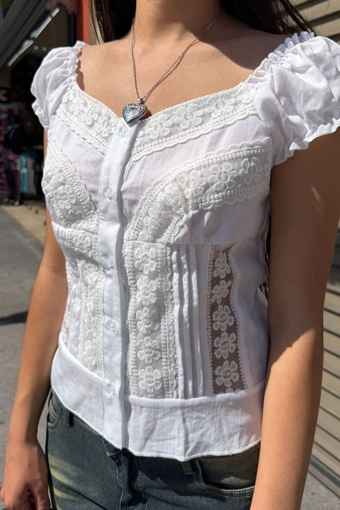 2000s Soft Girl Lace Trim Puff Short Sleeve Button-Up Eyelet Blouse Shirt